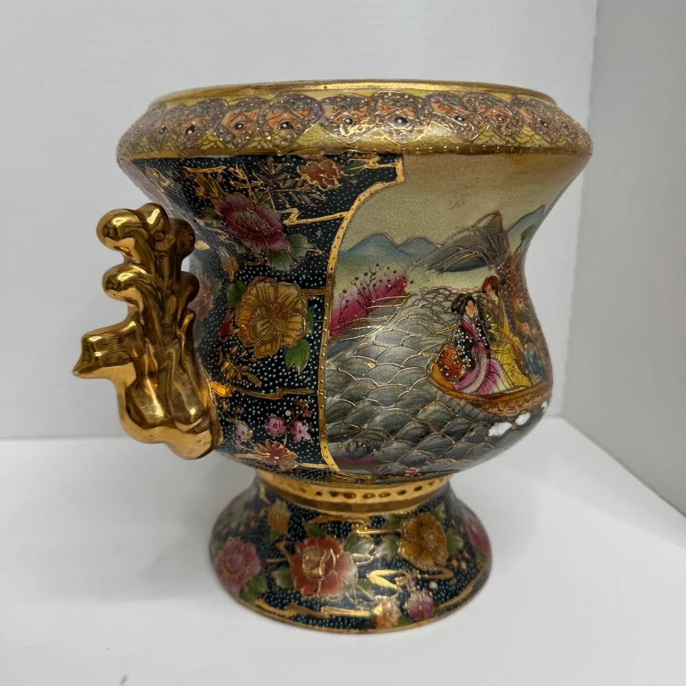 Vintage Japanese Satsuma Moriage Urn Vase Geisha Boat Scene Gold Gilt 7in